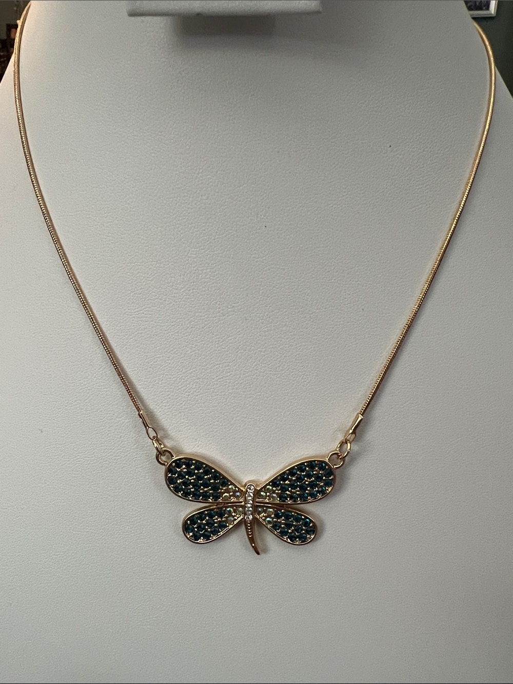 Gold Butterfly Pendant Necklace with Teal Crystals